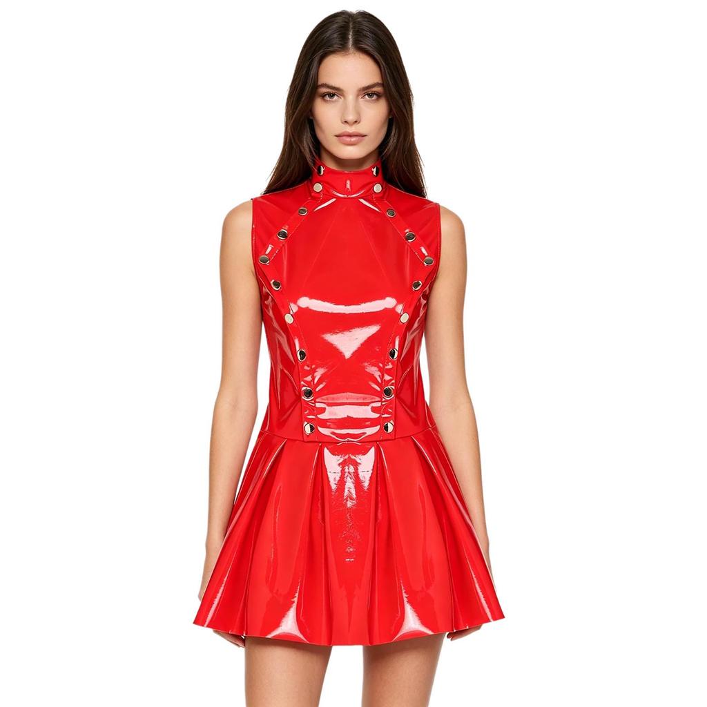 S-3XL Wet Look PU Sleeveless Dress Open Front Button Overlay Pleated Hem Glossy Vinyl for Rave Party Club Night