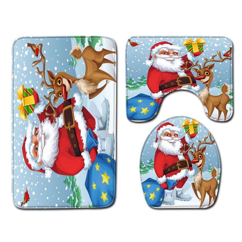 Christmas Waterproof Shower Curtain Four-Piece Floor Mat Combination Set Household Door Mat Bedroom Living Room Carpet