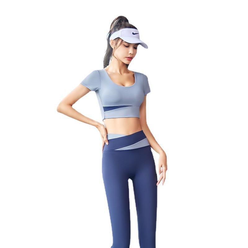 Women's Patchwork Color Block Fitness Set – Cropped Short Sleeve Top & High Waist Hip Lift Sports Pants for Spring/Summer Running & Workouts