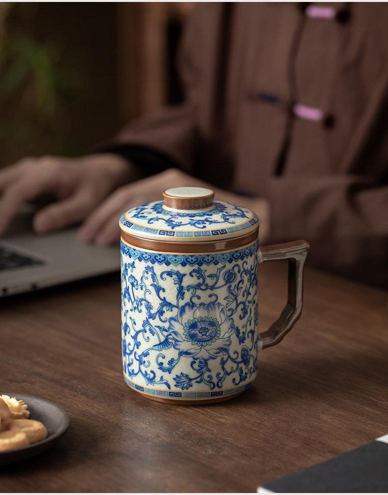 Blue & White Lotus Pattern Ceramic Mug with Lid - Chinese Style Gift Box Set for Home or Office