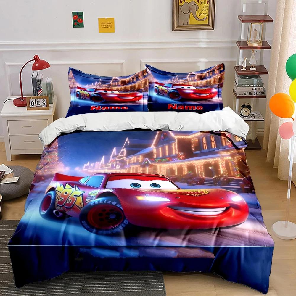 Customized Name Bedding Set Lightning McQueen Quilt Cover Cartoon Car Printing Pillowcase Bedding Set Children Gift