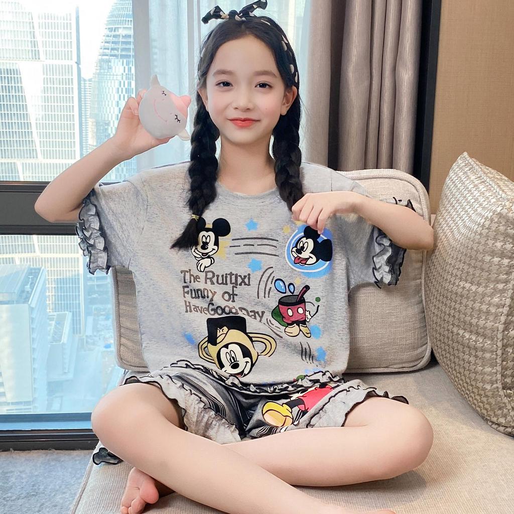 2026 New Summer Girls' Ultra-Thin Modal Pajamas Set: Short Sleeve Airy Comfort Suit for Medium and Large Kids