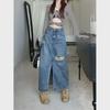 High-Waist Retro Ripped Denim A-Line Skirt for Women - Slimming, Hip-Wrapped, Mid-Length Summer Design