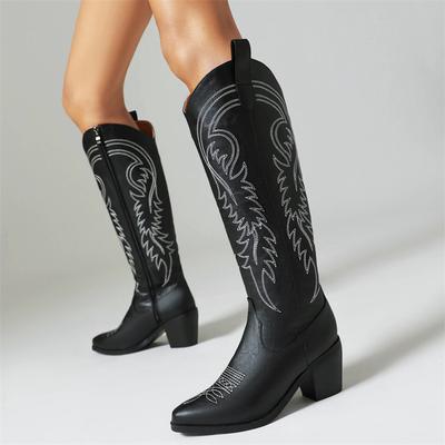 Keil Kniehohe Stiefel Winterschuhe 2024 Blockabsatz Stickerei Cowboystiefel Für Damen Bequemer Chelsea Boot Damenmarke