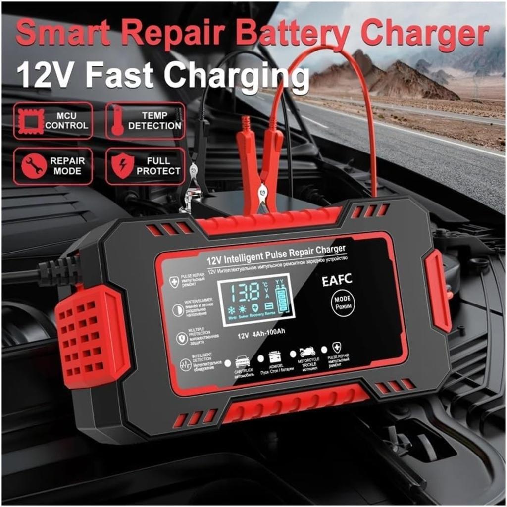 Car Battery Charger 12V 6A Featuring Smart Fast Charging Pulse Repair and LCD Display(Yellow)