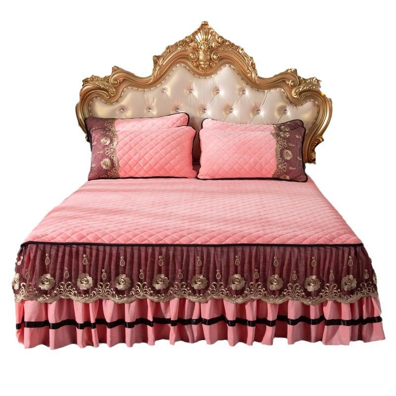 Winter Crystal Velvet Single-piece Padded Lace Bed Skirt Thickened Thermal Mattress Cover Mattress Cover Non-slip Bed Cover Pad