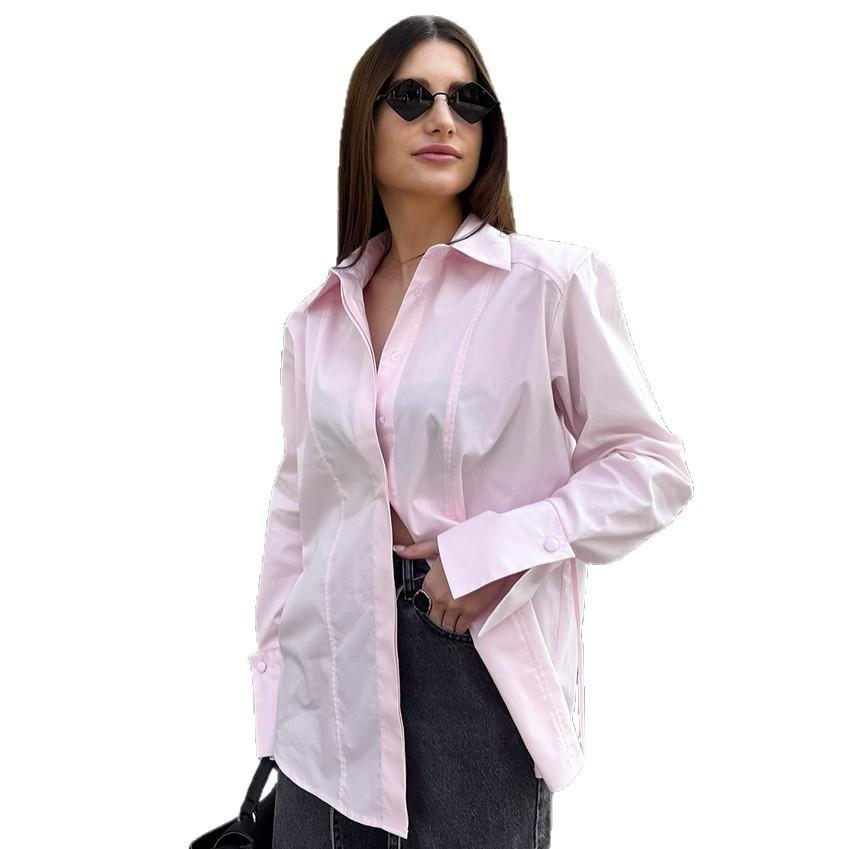 European and American New Design Sense Splicing Split Fork Closed Waist Thin Pink Shirt Women's Commuter Versatile Long-sleeved Top