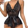 Women Bedroom Bodysuit V Neck See-through Lace Patchwork Bow Ruffle Playsuit Off Shoulder Backless Adjustable Spaghetti Strap Nightdress for