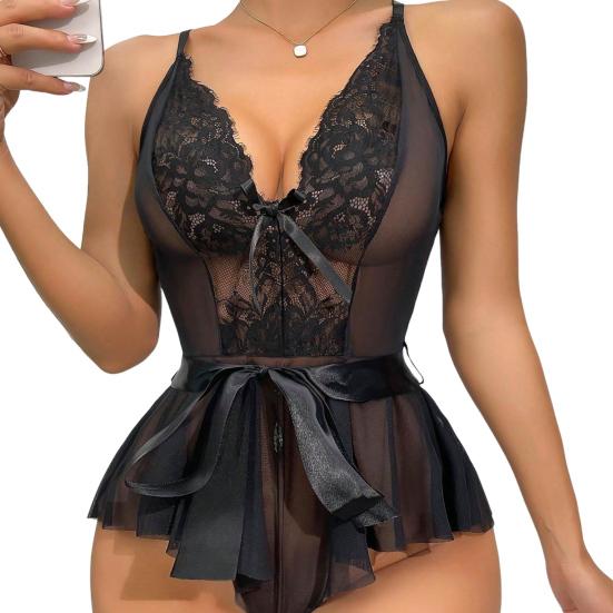 Women Bedroom Bodysuit V Neck See-through Lace Patchwork Bow Ruffle Playsuit Off Shoulder Backless Adjustable Spaghetti Strap Nightdress for