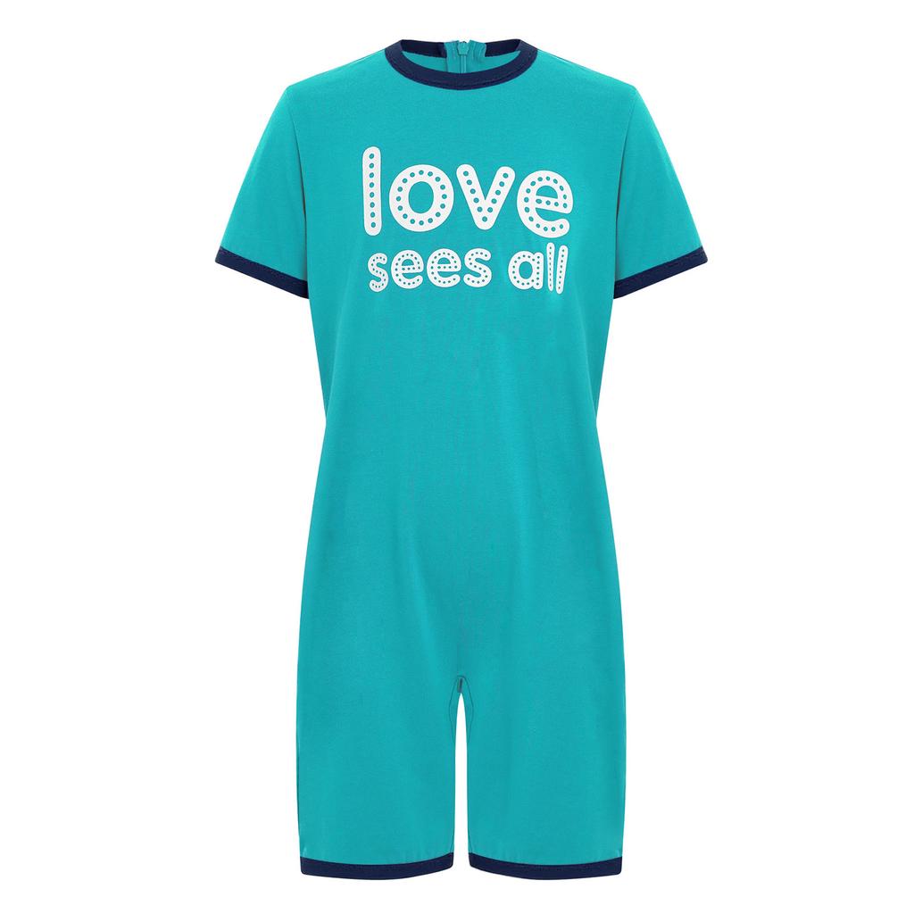 Barnanpassad Jumpsuit Kortärmad Bokstavstryck Kontrastkant Anti-Strip Rygg Dold Dragkedja Romper