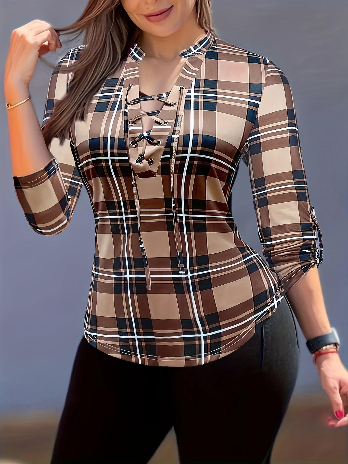 

Женская блузка с V-образным вырезом и клетчатым принтом 4XL коричневый