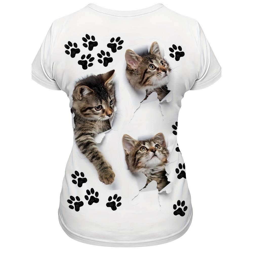 Women's Casual T-shirt with 3D Cat Paw Print Design, Crew Neck, Comfortable for All Seasons