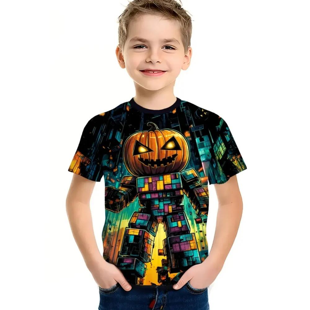 Rundhalsad 3D Robot & Pumpa Grafiskt Tryckta Kortärmade Barnpojks T-shirts - Mjuk Medium Stretch Polyestertyg Sommar Avslappnad Passform Kläder