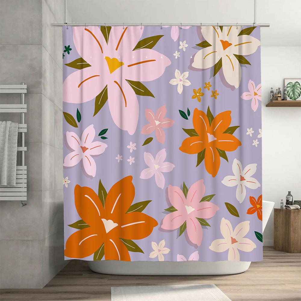 Pink Orange Floral Shower Curtain Lavender Bath Decor Set Modern Home Decoration Water-Resistant Fabric Perfect Gift For Her #13