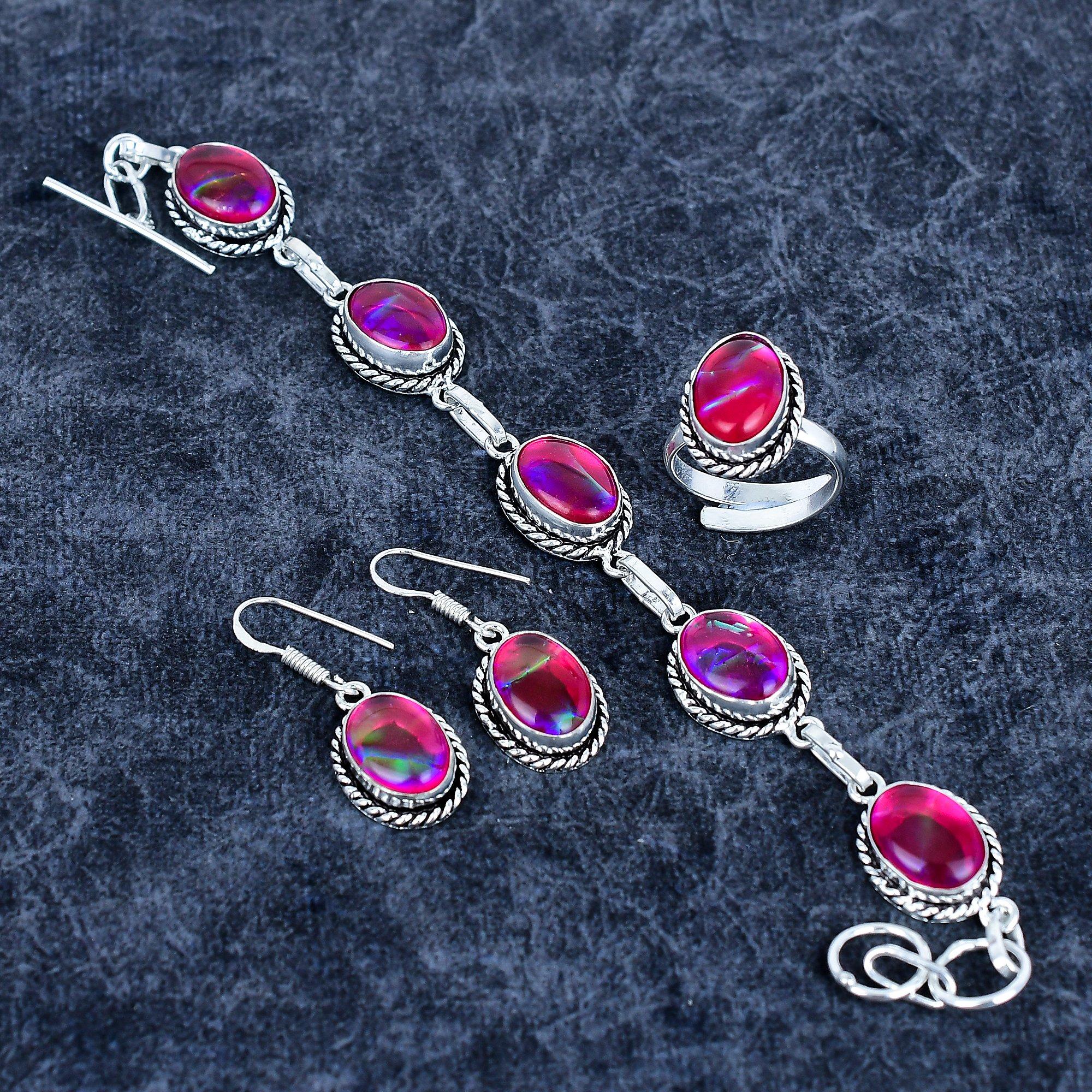 

Pink Triplet Opal Gemstone Handmade 925 Sterling Silver Jewelry Set M-3201