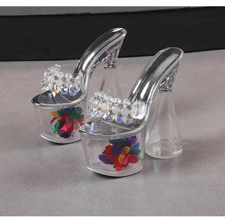 Women's Ultra-high Heels Flower Thick Heels Transparent Thick Soled Crystal Heel Sandals 17.5 Heels