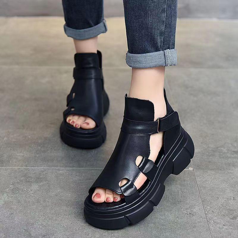 Women's Fish Mouth Roman Boots Soft Leather Thick-Soled Muffin Heel Hollow Sandals