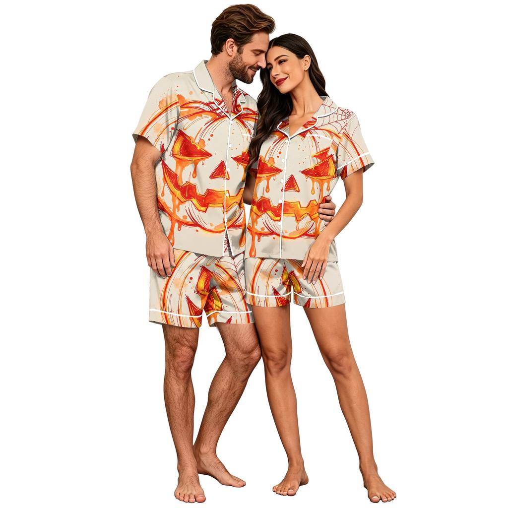 Couples Halloween Print Pajama Set, Soft Comfortable Matching Sleepwear for Her and Him