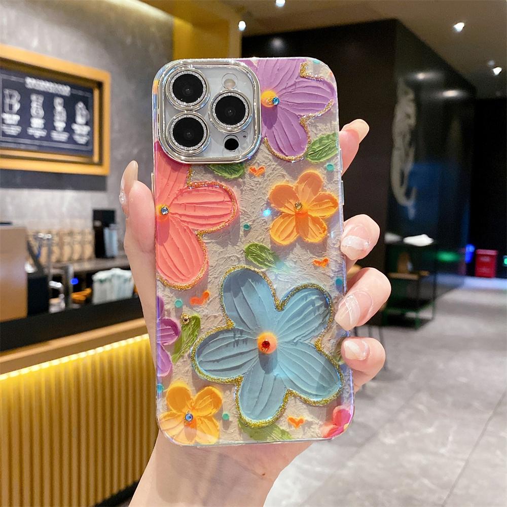 

Blue-ray Oil Painting Flower Case For iPhone 14 15 Pro Max 13 12 Pro 11 Glitter Camera Film Cover For iPhone 13 Pro Soft Case For iPhone 13 ProMax