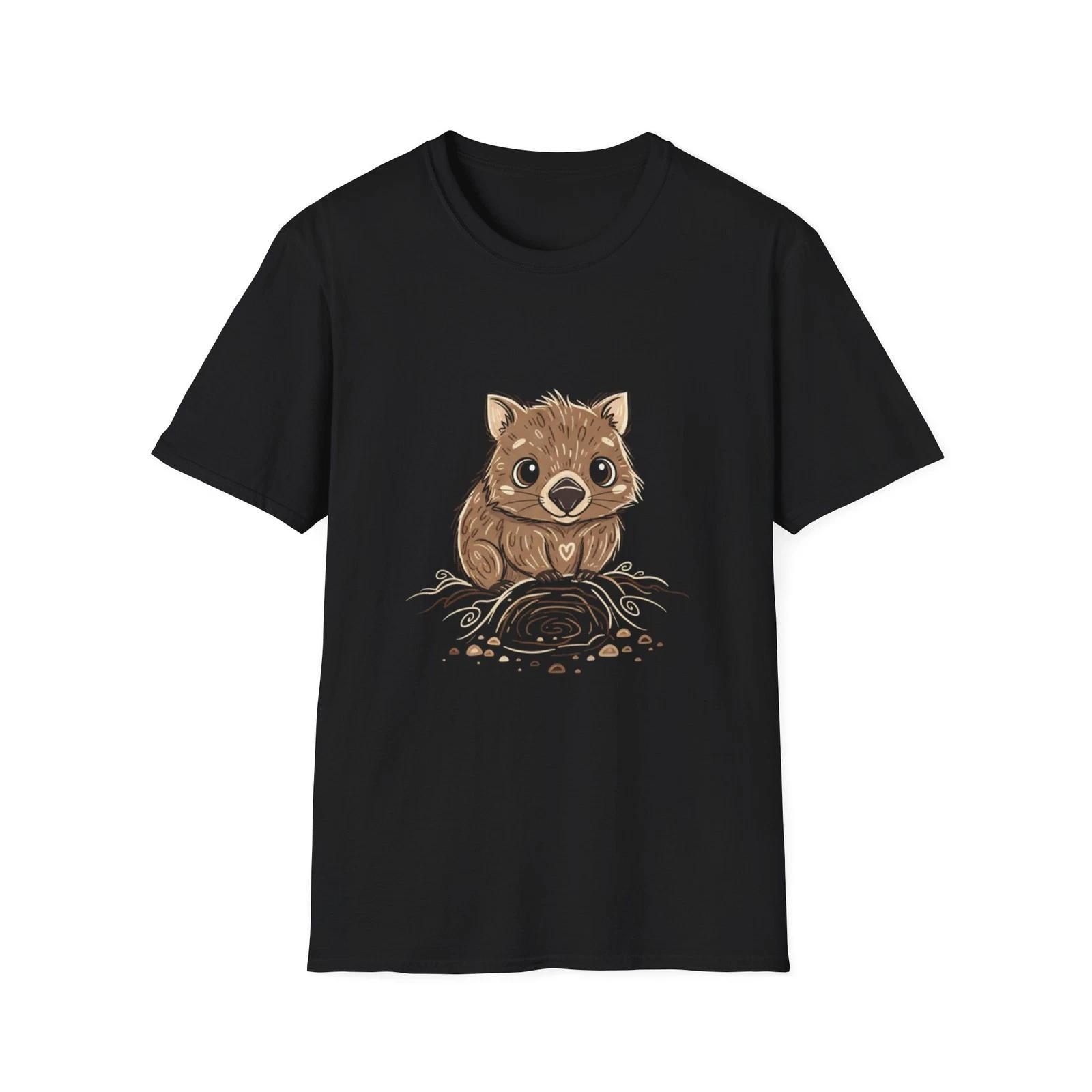 Wombat Cute Kawaii Illustrated Black Tee Animal Nature Graphic T-Shirt 2XL