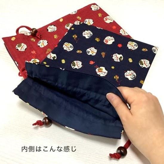 Kyosuke Made Japan Drawstring Bag Pouch Cat Approximately 24.519cm Cotton Wooden Beads Medium Lucky Charm Fukimaru Red
