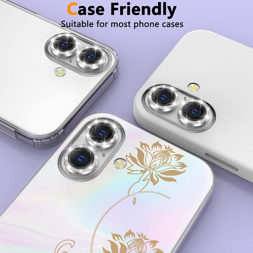 For iPhone 16/16 Plus Glitter Camera Lens Film Metal Ring+Tempered Glass Phone Lens Protector