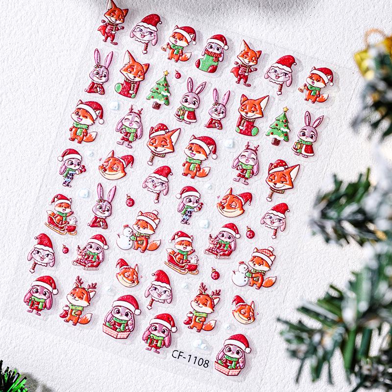 Cyansea 5D объемные рождественские наклейки для дизайна ногтей - Милый дизайн с лисой и кроликом CF-1108