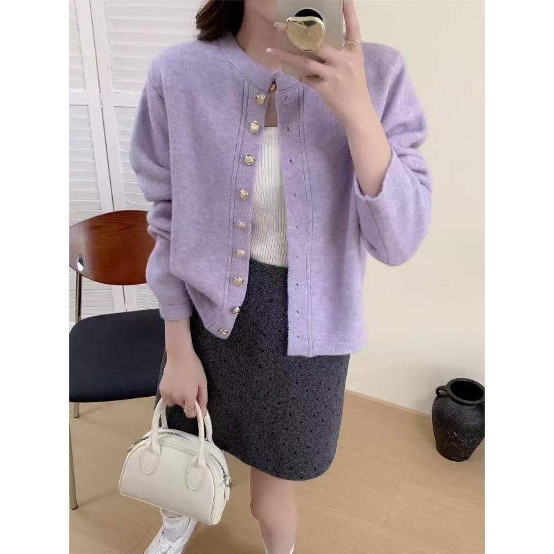 Early autumn new round neck knitted cardigan with top women's short versatile solid color soft waxy long-sleeved sweater jacket women