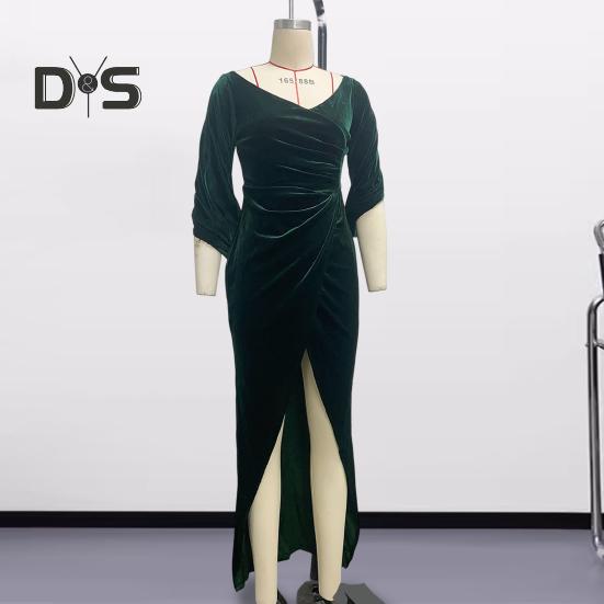 Lady Evening Dress Skinny Pleated Off Shoulder Slit Hem Half Sleeves Annual Symposium Wedding Party Prom Maxi Dress Ball Gown