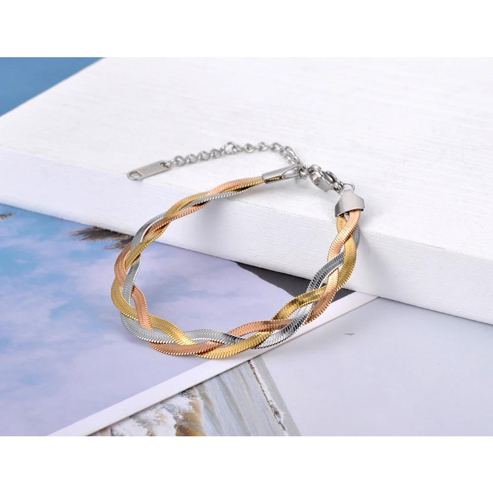 Fashion 316L Stainless Steel Three Layer Weave Necklace Bracelets for Women Flat Snake Chain Handmade Waterproof Jewelry B20126