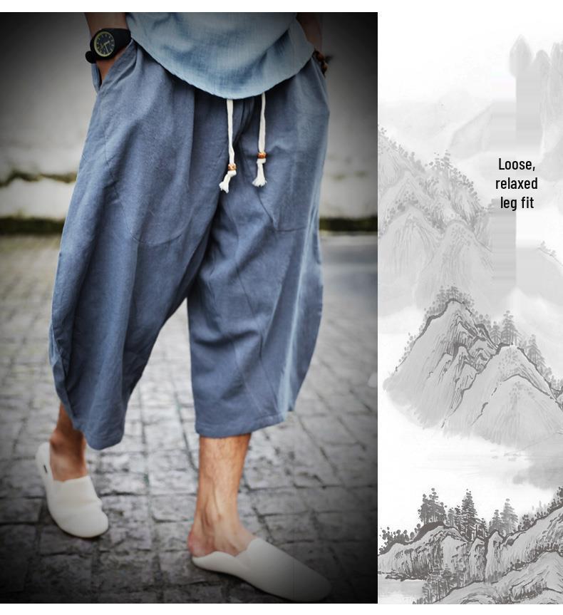 Men's Trendy Chinese-Style Wide-Leg Linen Shorts - Loose Fit, 7-Point, Summer.