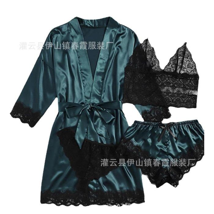 Elastyczny satynowy nowy seksowny komplet bielizny czteroczęściowy, komplet spódniczki z pasem do pończoch, odzież domowa wielokolorowy
