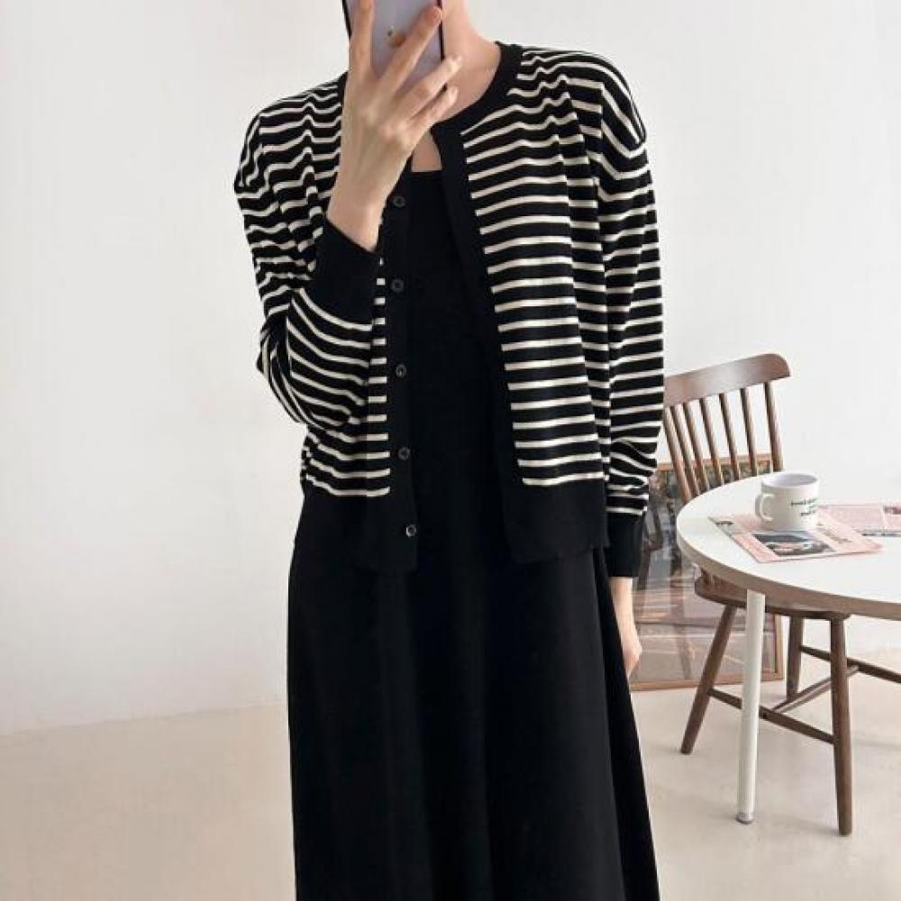 New Arrivals Open Run Stripe Knit Round Neck Cardigan Knit Dress 2 Set