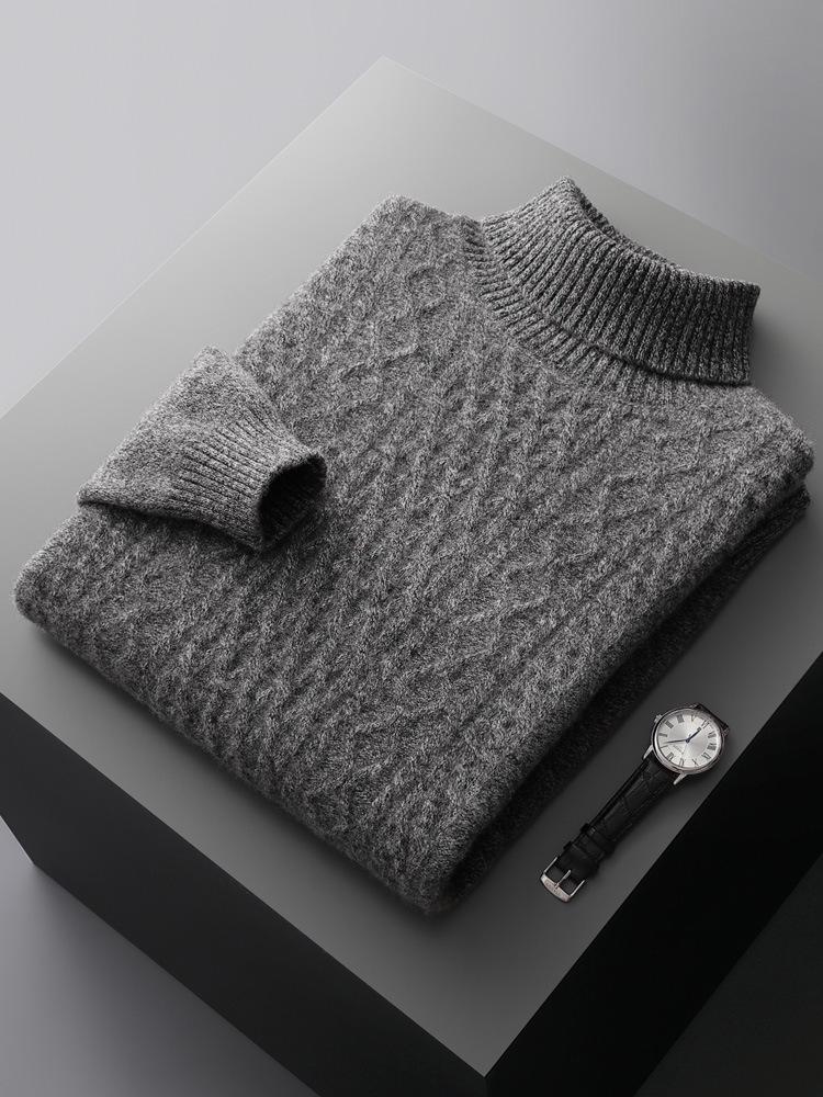 Men's High Neck 100% Wool Sweater - Thick, Cozy Knit for Casual or Business Wear