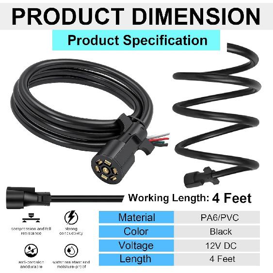 7 Way Trailer Cord,4FT Heavy Duty 7 Way Trailer Plug Inline Cord Wire Harness Cable Double Prongs Connector 7 pin Trailer Wiring Harness 4 Feet for
