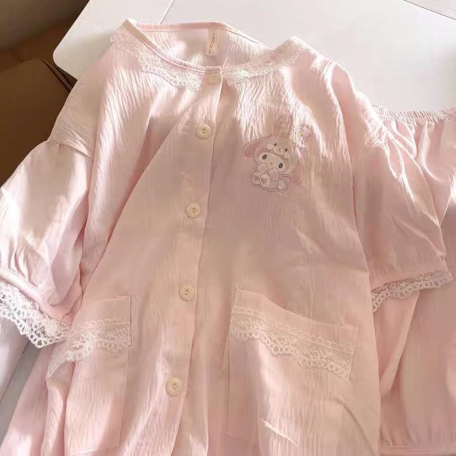 Soft and cute princess-style pink pajamas for women, shorts, and cardigan two-piece set, girls' dorm loungewear