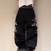 High-Waisted Straight Cut Denim Jeans With Vintage Cherry Blossom Embroidery Men Casual Streetwear Style