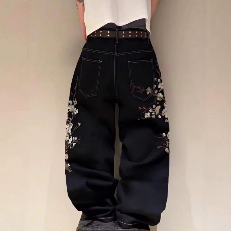 High-Waisted Straight Cut Denim Jeans With Vintage Cherry Blossom Embroidery Men Casual Streetwear Style