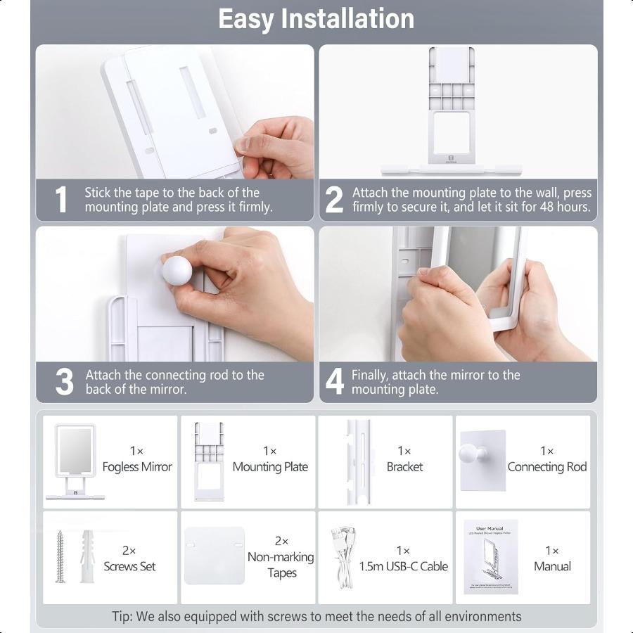 Heated Shower Mirror Fogl for Shaving 360 Adjustable Lighted Shower Mirror with 3 Color Modes Rechargeable Anti Fog Shaving Mir