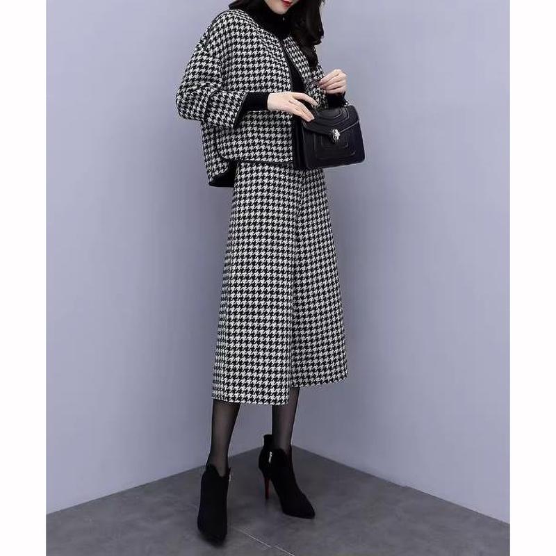 Completo Pantaloni Larghi Coreani Moda Autunno Inverno Tempo Libero Manica Sette Punti Cappotto di Lana Giacca a Quadri Outfit Donna