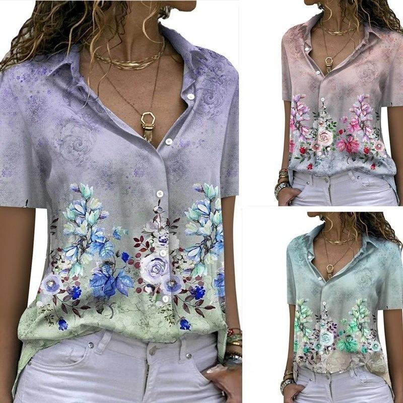 Women's Printed Short-sleeved Single-breasted Shirt Lapel Slim Fashion Shirt