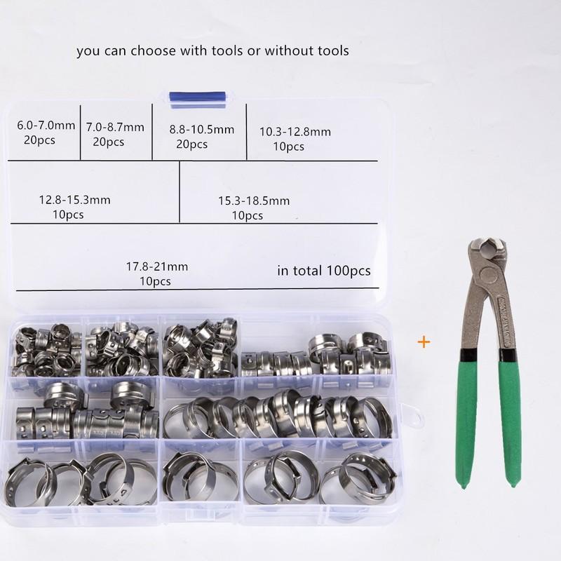 100 Pieces 6-21mm 304 Stainless Steel Single Ear Stepless Hose Clamps With Pincers Kit