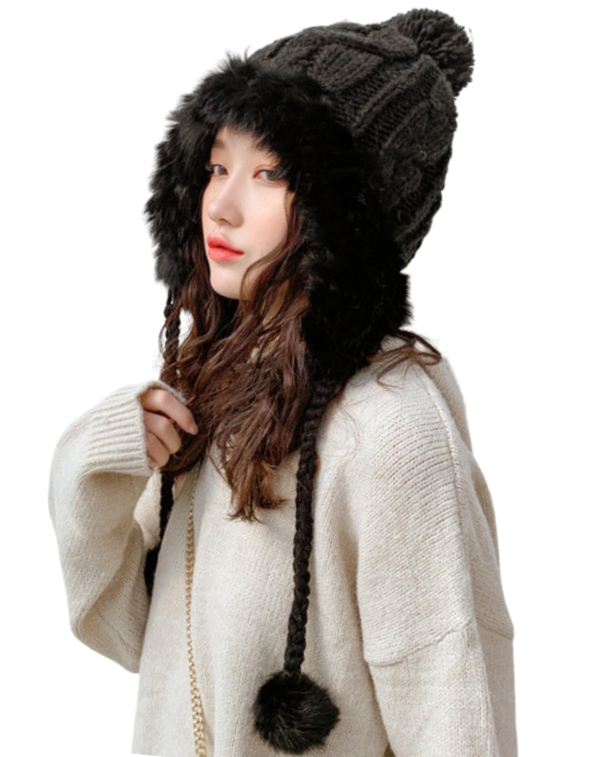 

Fiorior Вязаная шапка из меха, теплая и толстая, идеальная для комфорта и милая для холодной погоды, женская шапка, на флисовой подкладке, теплая, с помпонами, черная, зимняя. чёрный