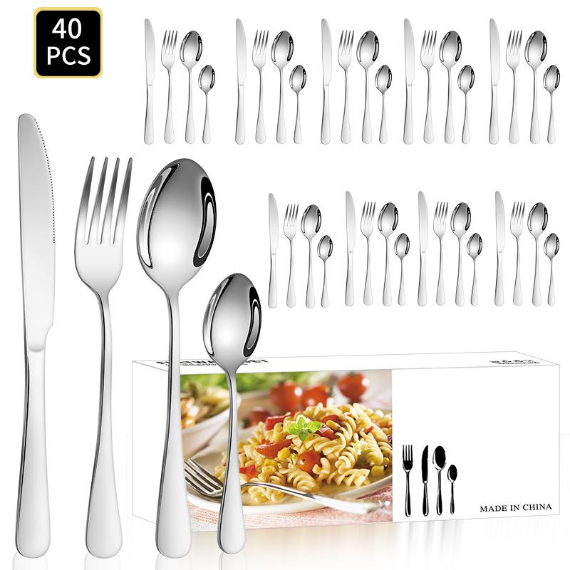 

Посуда из нержавеющей стали, 4 основных предмета, нож, вилка и ложка для стейка, набор из 40 предметов, подарочный набор