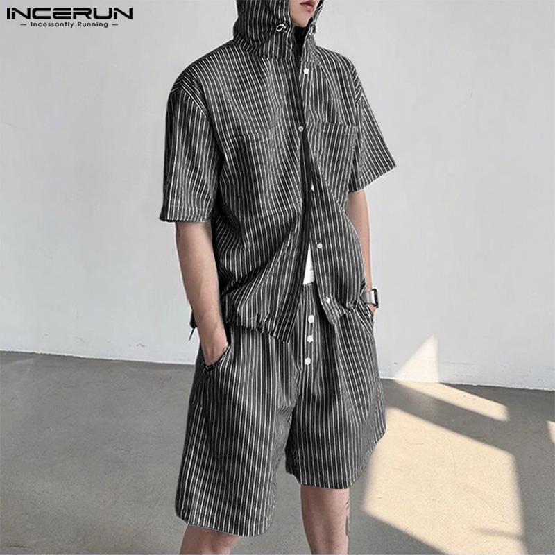 INCERUN Two Piece Sets Men Short Sleeve Striped Hooded Shirts Shorts Outfits