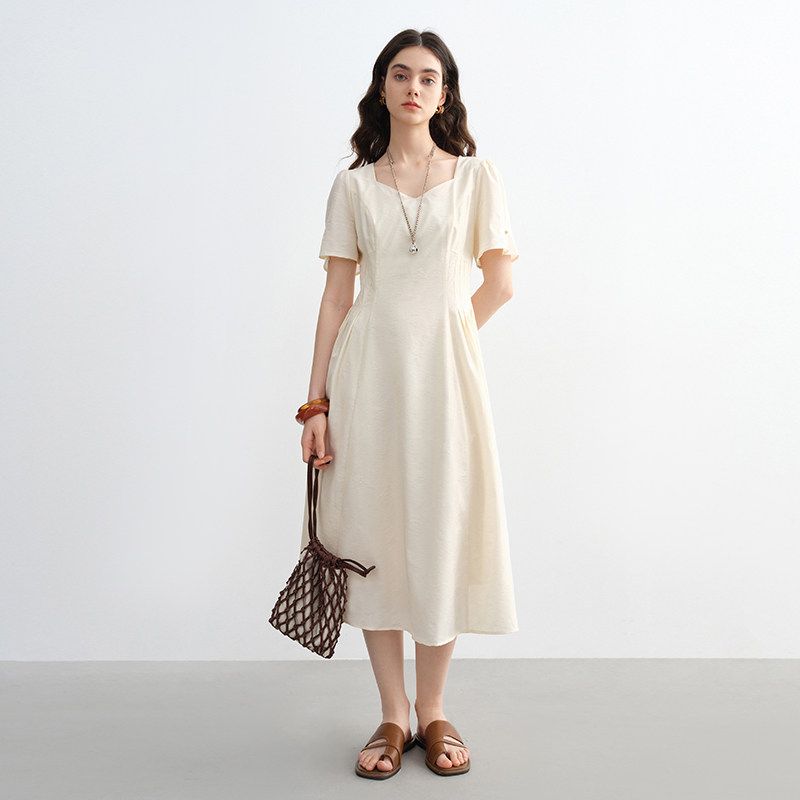 

Plus-Size Women s Solid Color Square-Neck French-Style Dress, Summer New Style, Waist-Cinching, Slimming, White Dress for Marriage Registration