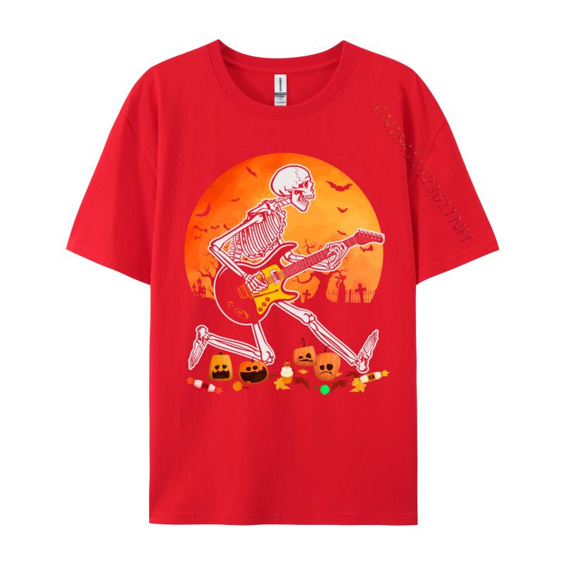 Skeleton Playing Bass Guitar Halloween T Shirt Normal Fall Retro Funny Pure Cotton Camisa Mens Tshirts Funny Clothing