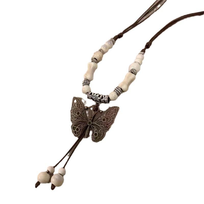 Qingge Ethnic Style Necklace, Retro Versatile Butterfly Color Glaze Pendant, Sweater Chain, Changchun Summer, Women'S Land