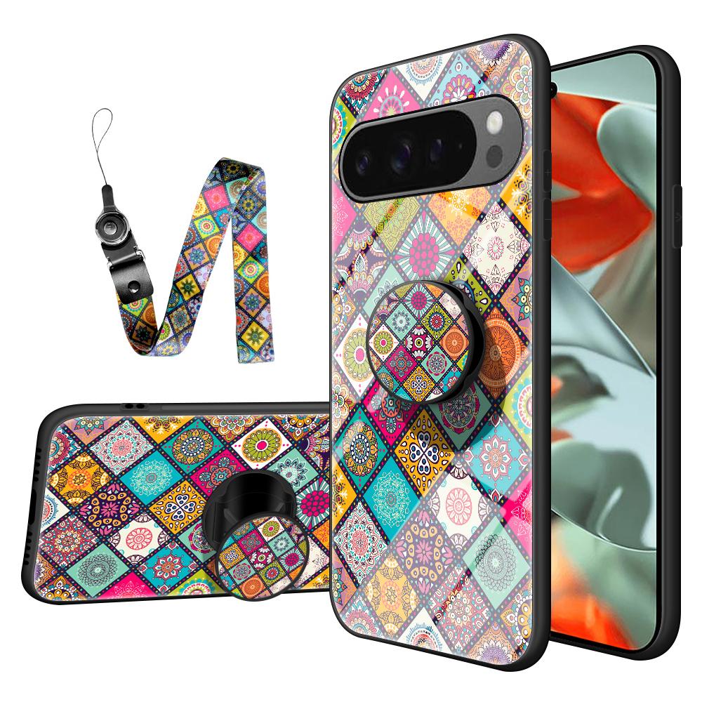 

For Google Pixel 9 Pro XL Case Kickstand Ethnic Pattern Tempered Glass Phone Cover with Strap Checkered Pattern