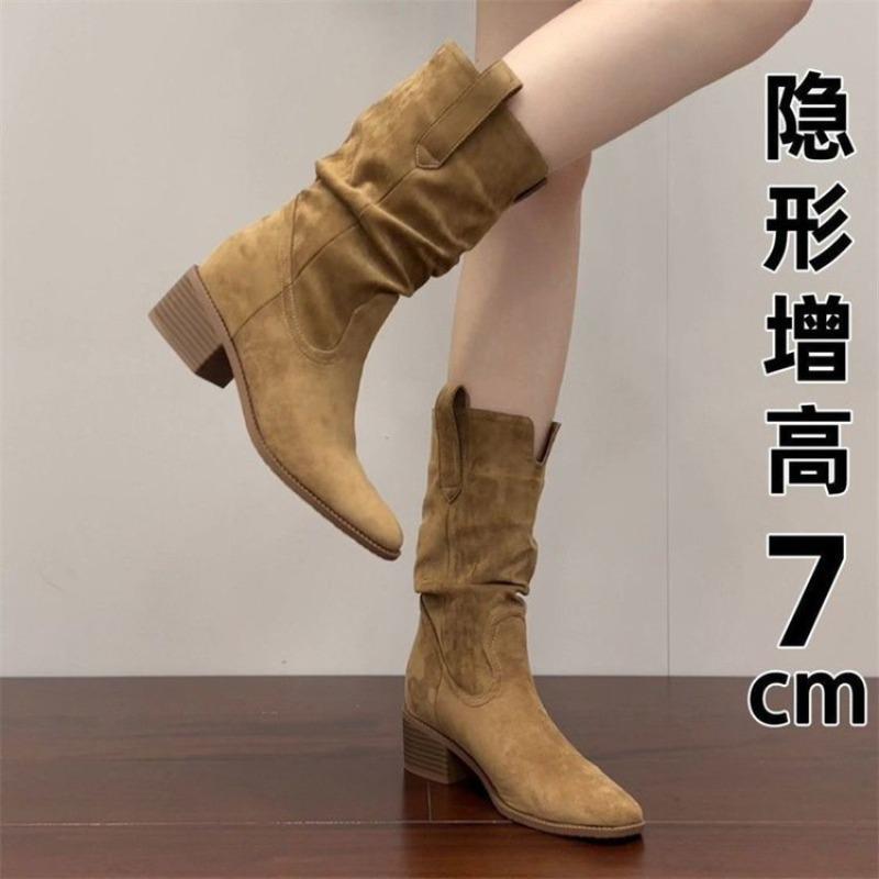 Retro inner heightening thick heel soft surface Martin boots autumn new khaki stacking boots cowboy boots women